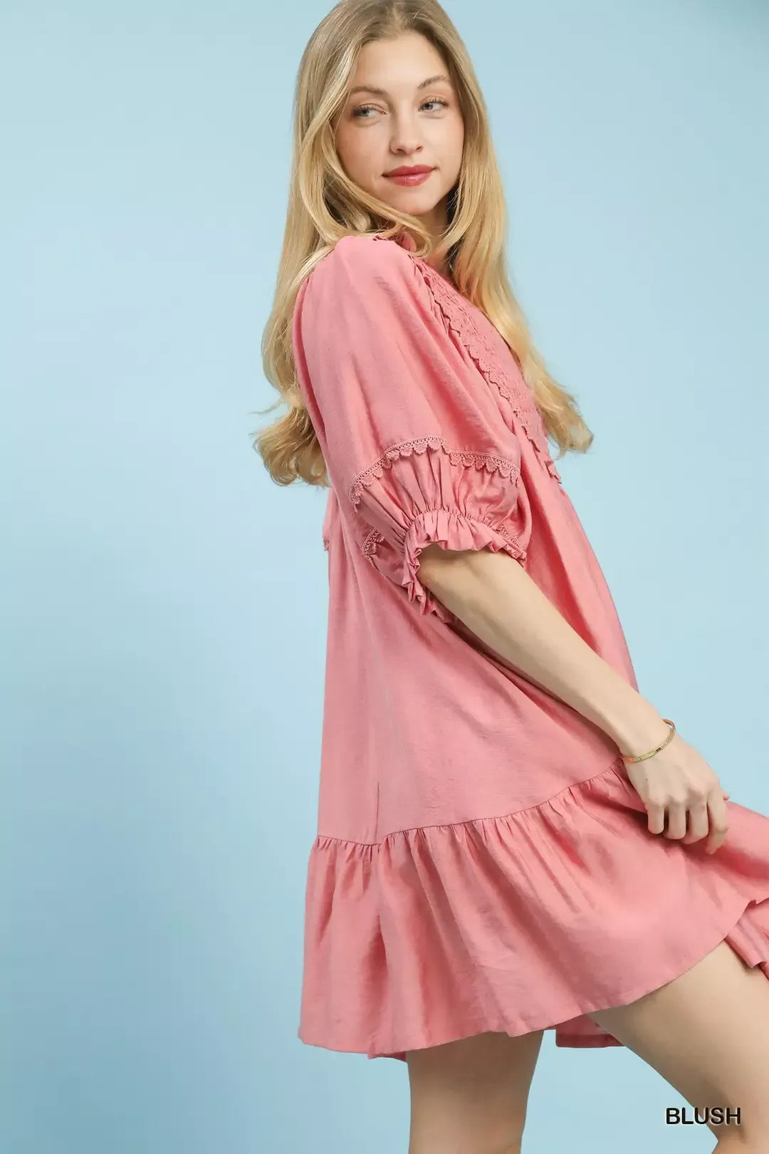 Umgee Smocked Bib Ruffle Hem Babydoll Dress-1