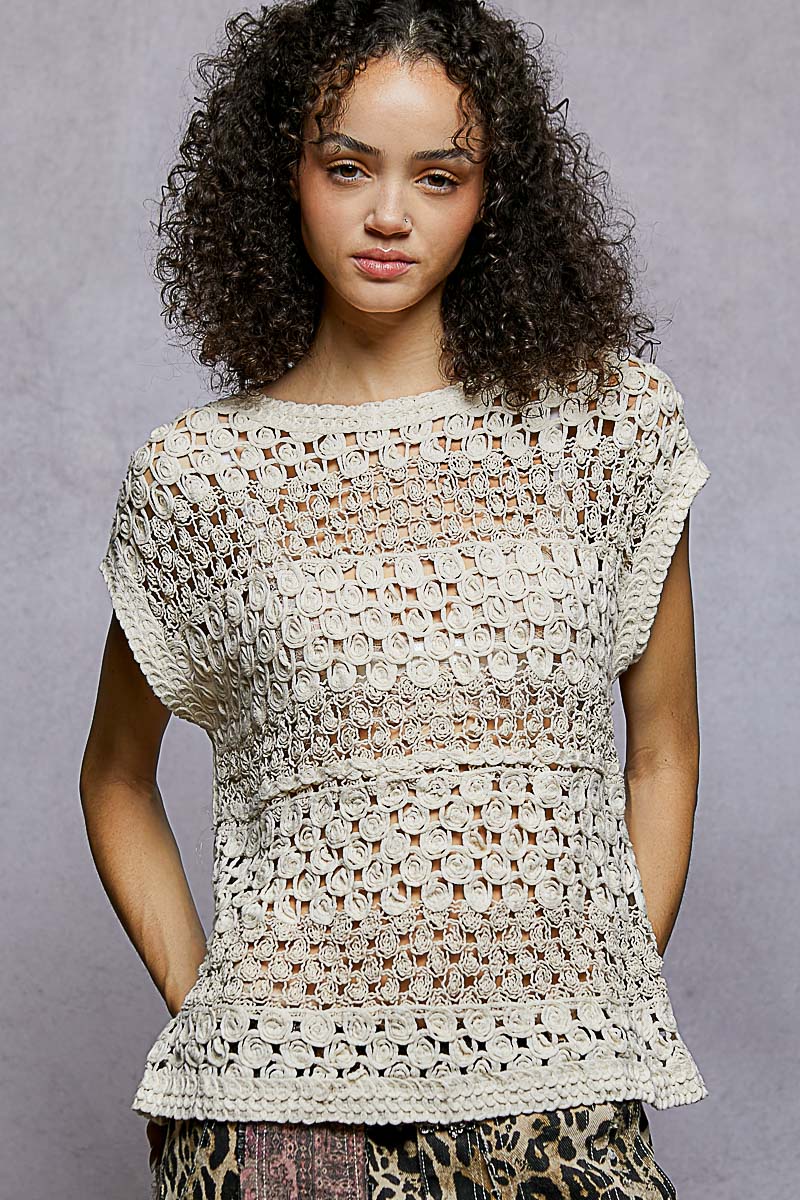 POL Openwork Round Neck Crochet Top-0