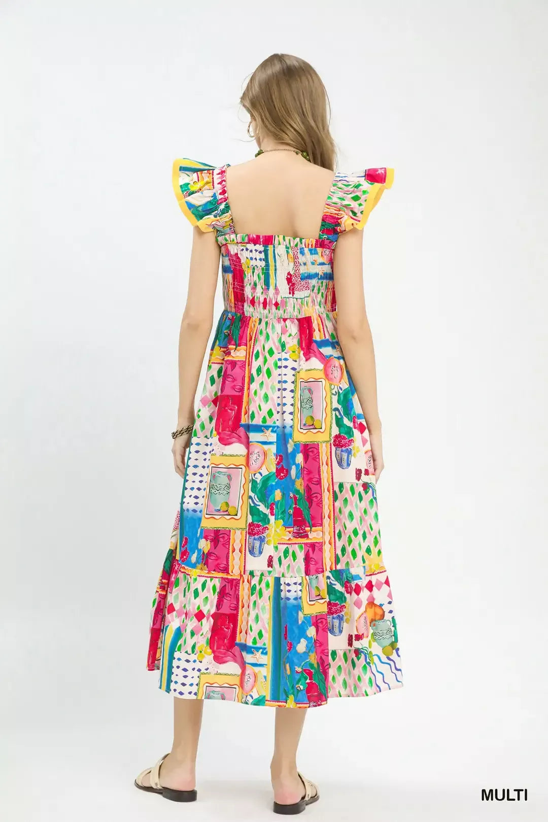 Umgee Abstract Print Smocked Ruffle Sleeve Tiered Midi Dress-3