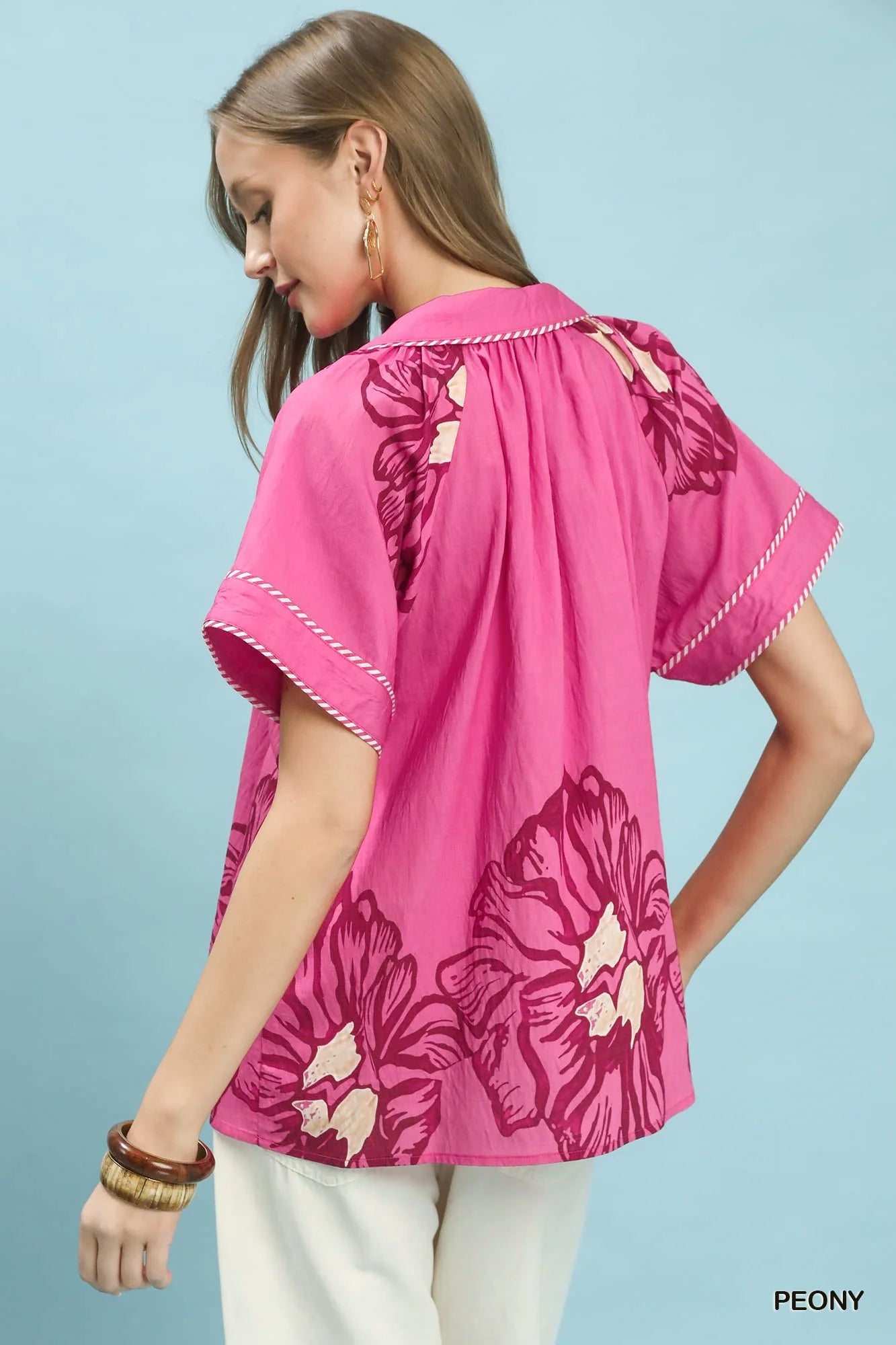 Umgee Floral Split-Neck Short Sleeve Top-2