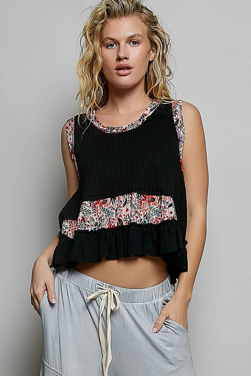 POL Floral Print Patche Round Neck Ribbed Tank with Double Gauze Ruffle Accents-1