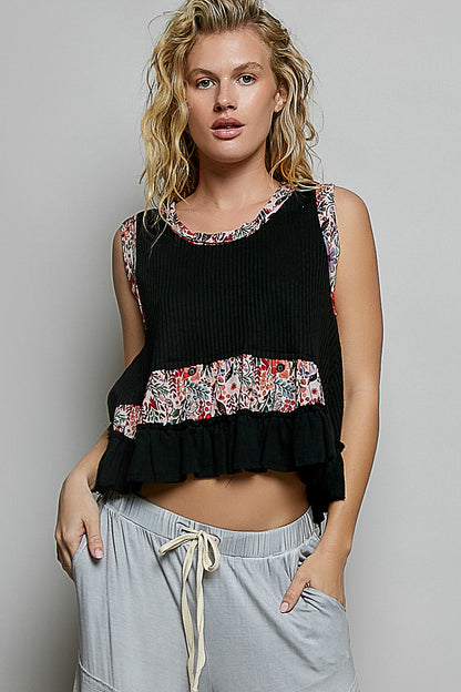 POL Floral Print Patche Round Neck Ribbed Tank with Double Gauze Ruffle Accents-1