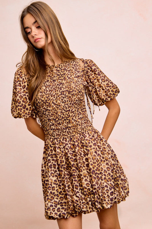 BiBi Leopard Bow Tie Attachable Puff Sleeves Dress-0