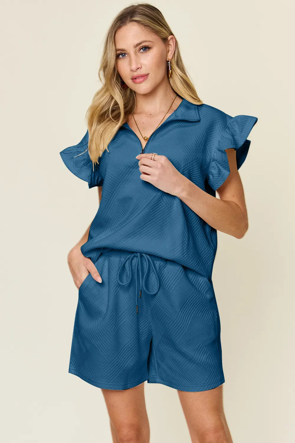 Double Take Full Size Texture Flounce Sleeve Top and Drawstring Shorts Set-13