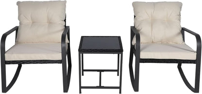 Three Piece Patio Bistro Set With Rocking Chairs And Cushions Beige Outdoor Garden Furniture-1