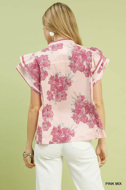 Umgee Mix Floral Ruffle Sleeve Blouse-2