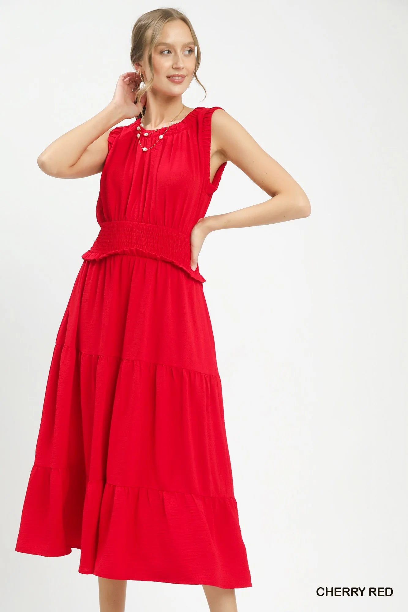 Umgee Smocked Waist Tiered Midi Dress-0