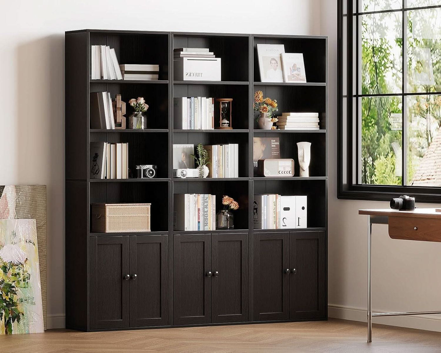 Black Six Tier Floor Standing Bookshelf With Doors-4