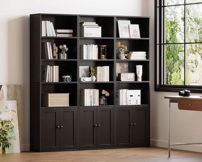 Black Six Tier Floor Standing Bookshelf With Doors-4