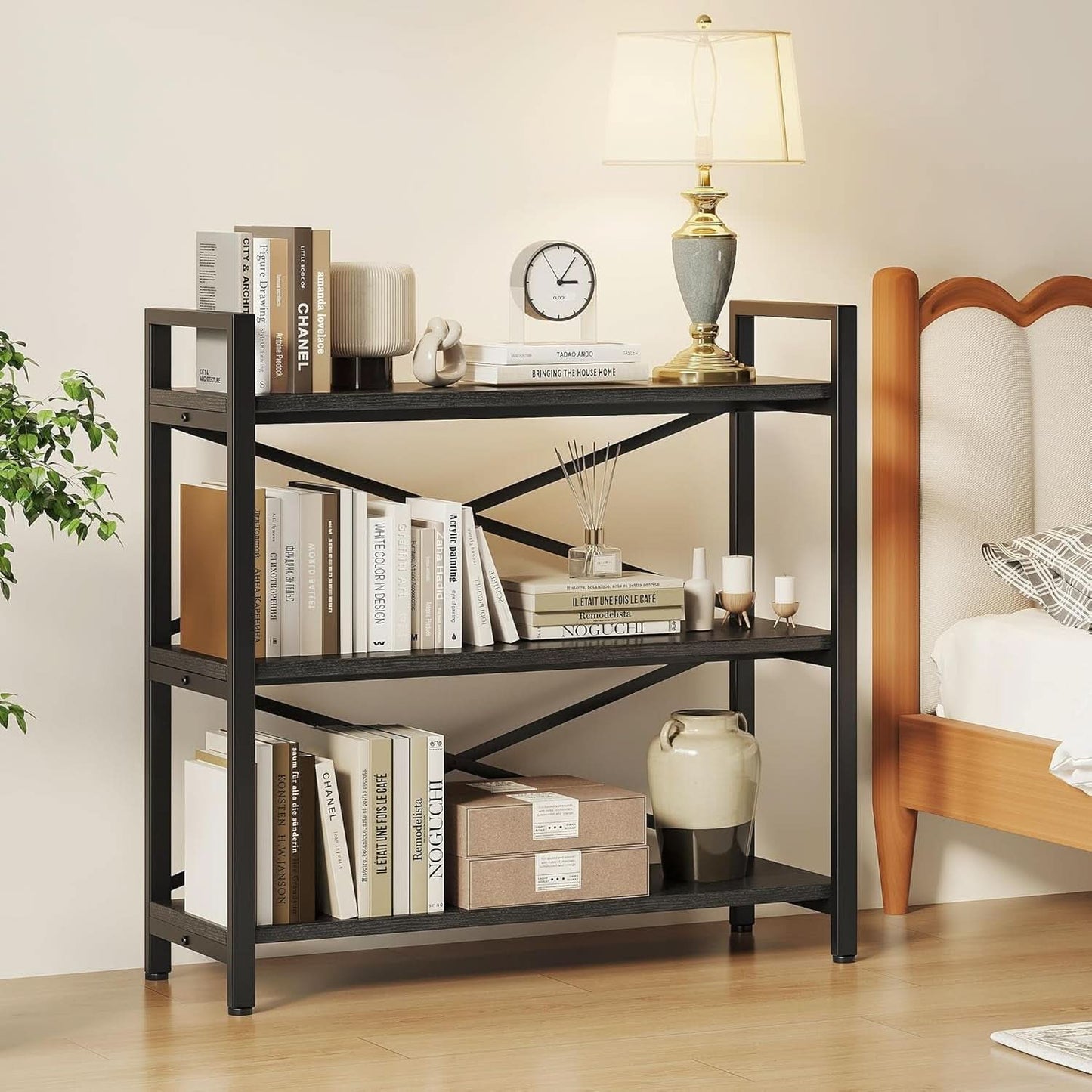 3 Tier Bookshelf 31 Inch Width Wood And Metal Etagere Black-3