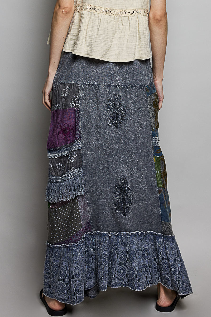 POL Printed Patchwork Embroidered Ruffled Skirt-2