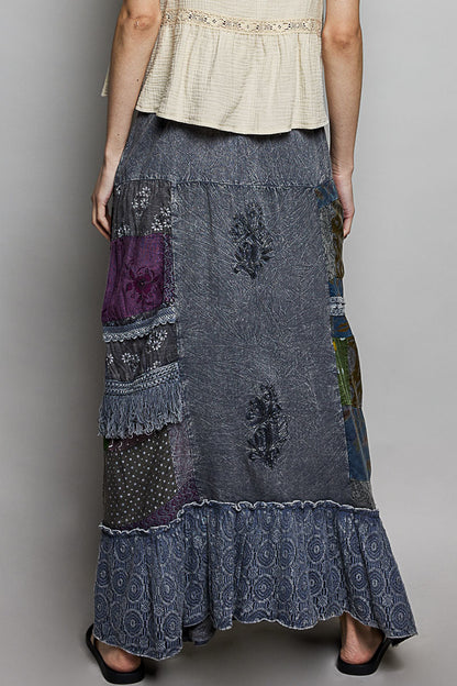 POL Printed Patchwork Embroidered Ruffled Skirt-2