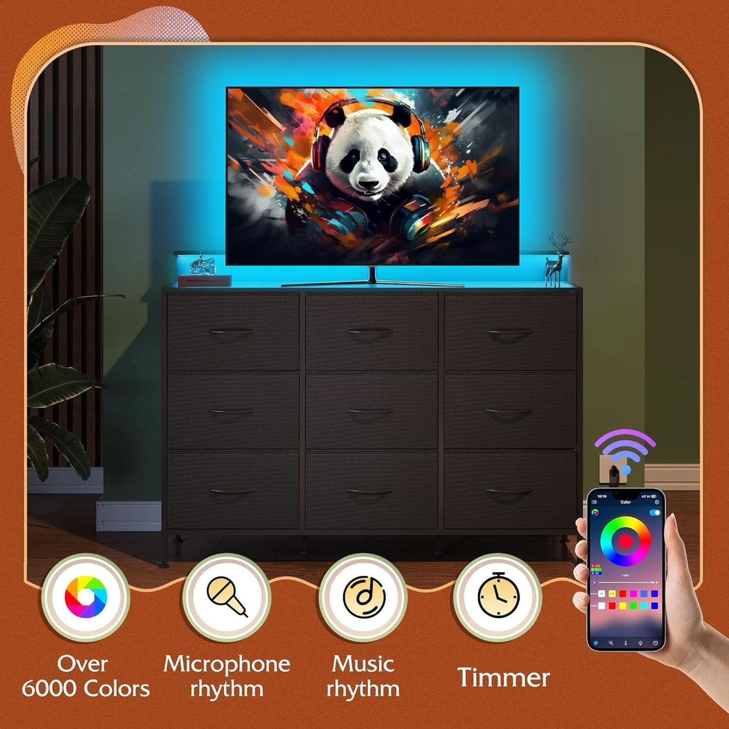 Black Dresser TV Stand 55 Inch With LED Lights And Charging Station-4