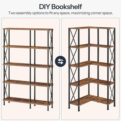 Corner Bookshelf 5-Tier L-Shaped Industrial Bookcase In Rustic Brown-3