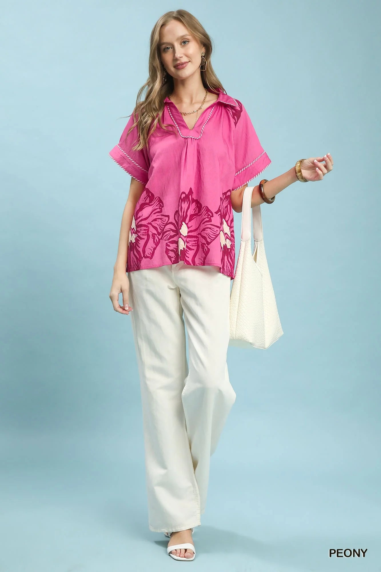 Umgee Floral Split-Neck Short Sleeve Top-3