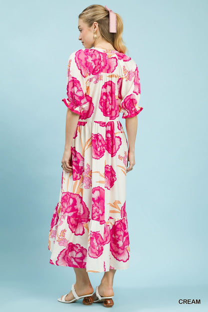 Umgee Floral Print Midi Dress with Contrast Trim-2