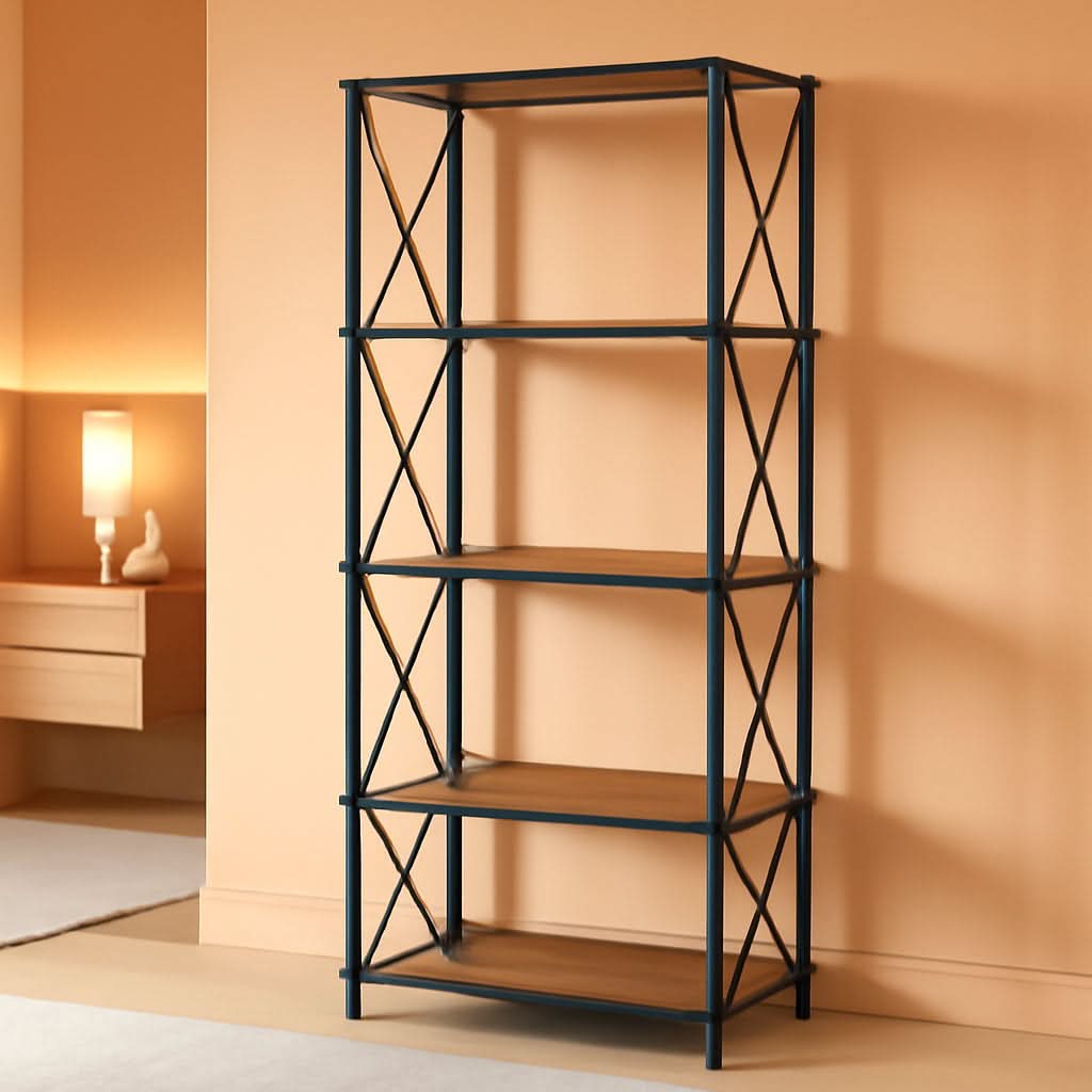 Corner Bookshelf 5-Tier L-Shaped Industrial Bookcase In Rustic Brown-0