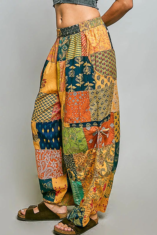 POL Printed Patchwork Wide Leg Pants with Adjustable Side Drawstring-1