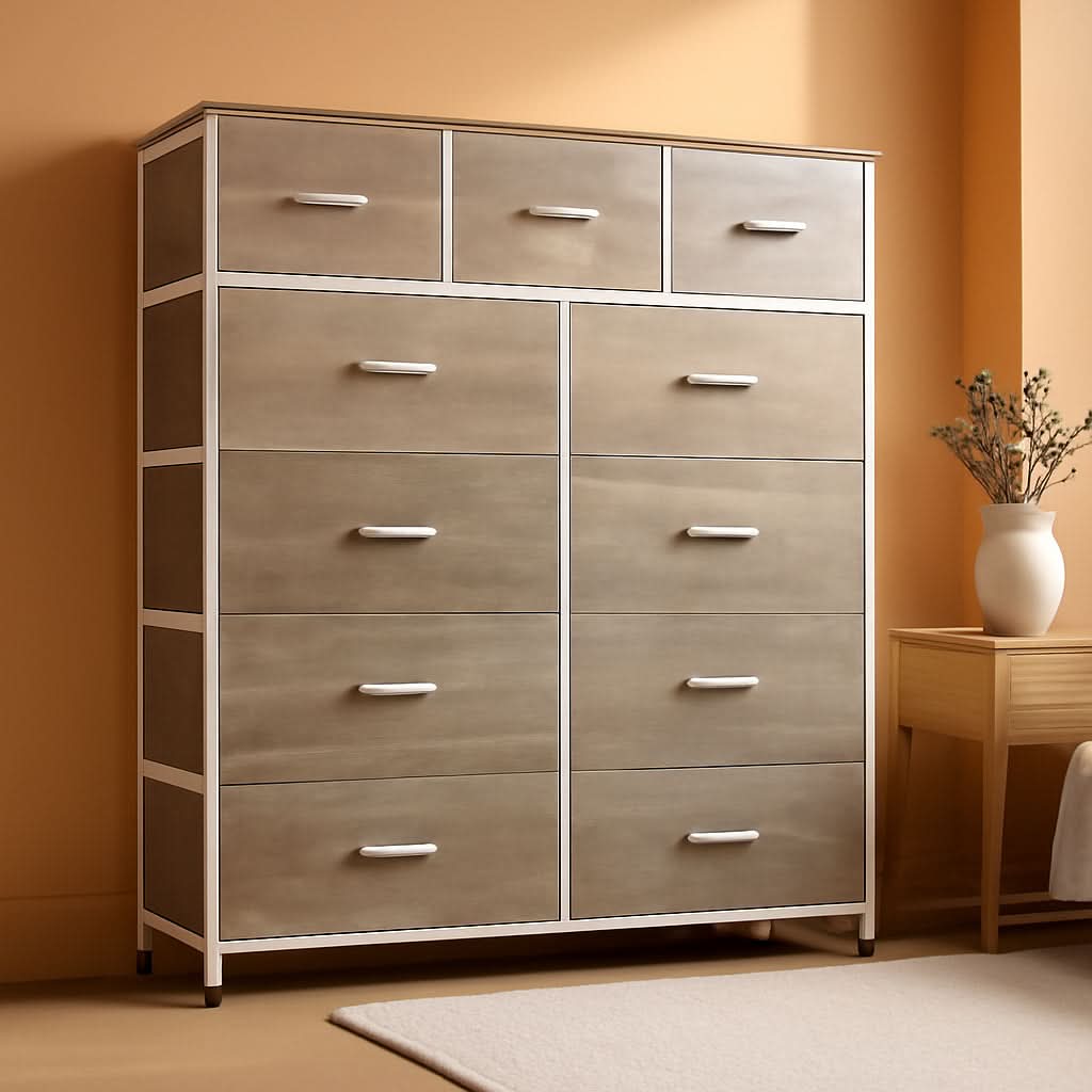 Tall Fabric Dresser Storage Tower 11 Drawer Greige Bedroom-0