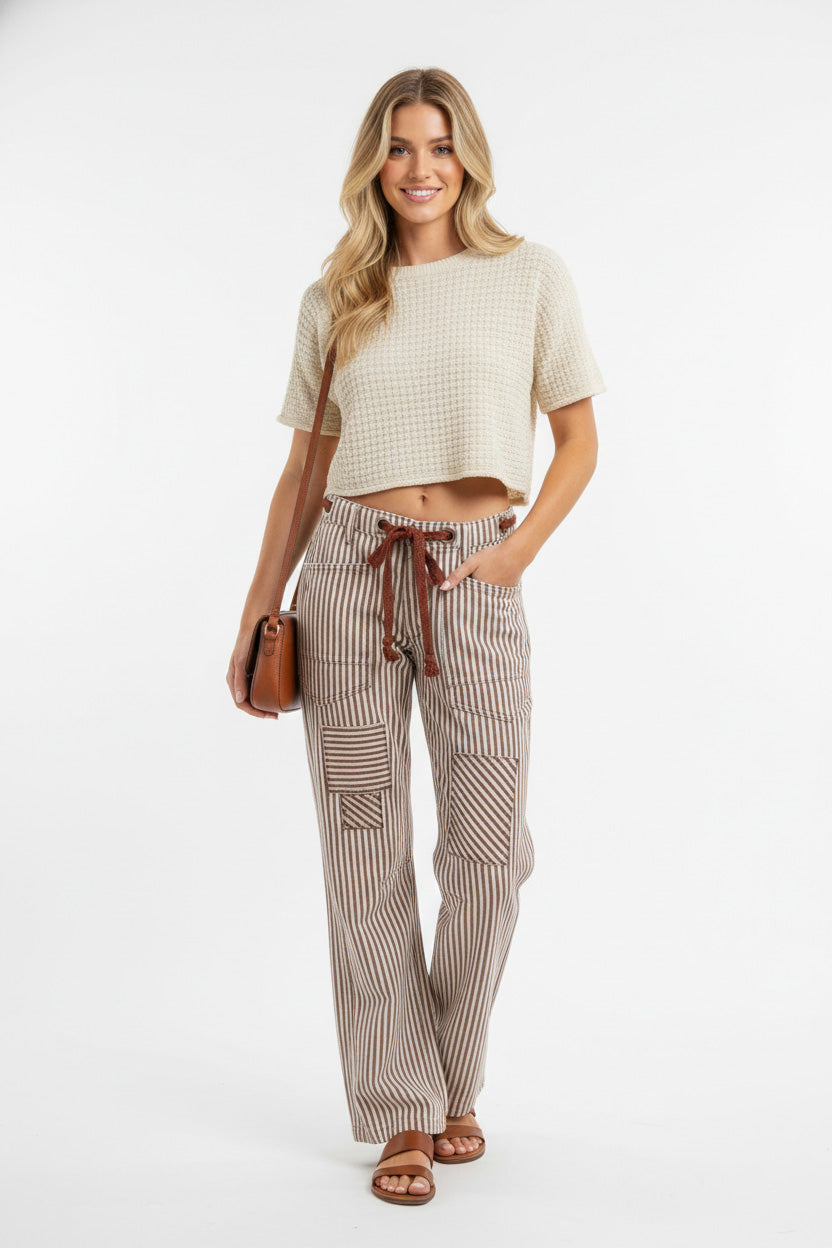 BiBi Drawstring Striped Twill Barrel Pants-1