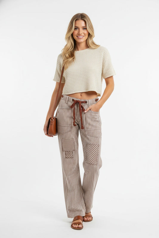 BiBi Drawstring Striped Twill Barrel Pants-1