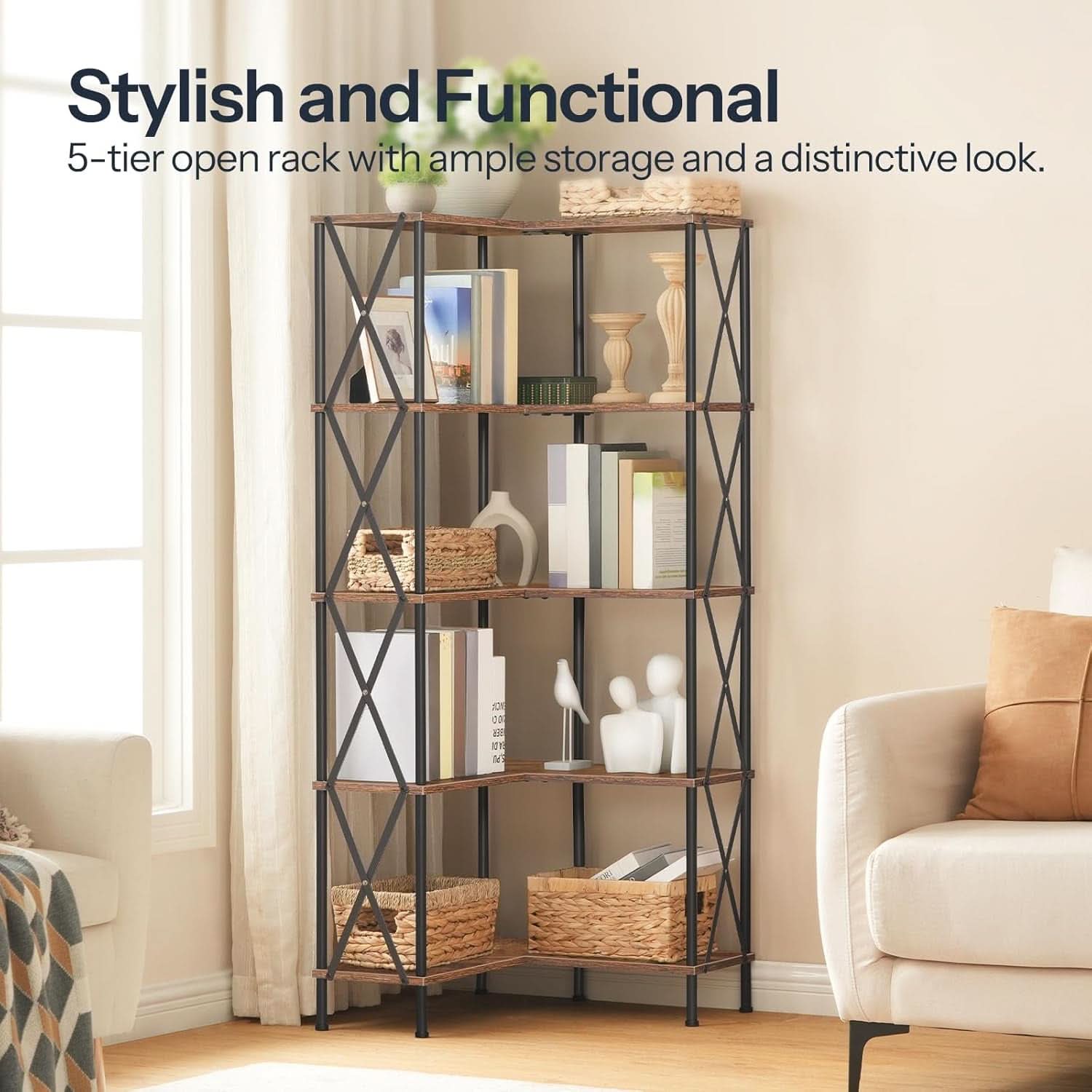 Corner Bookshelf 5-Tier L-Shaped Industrial Bookcase In Rustic Brown-4
