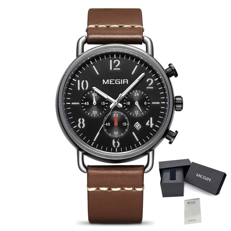 MEGIR Fashion Mens Watches Luxury Sport Quartz Wrist Watch Steel Mesh Business Casual Watches Calendar Leather Band Man Clock 2158