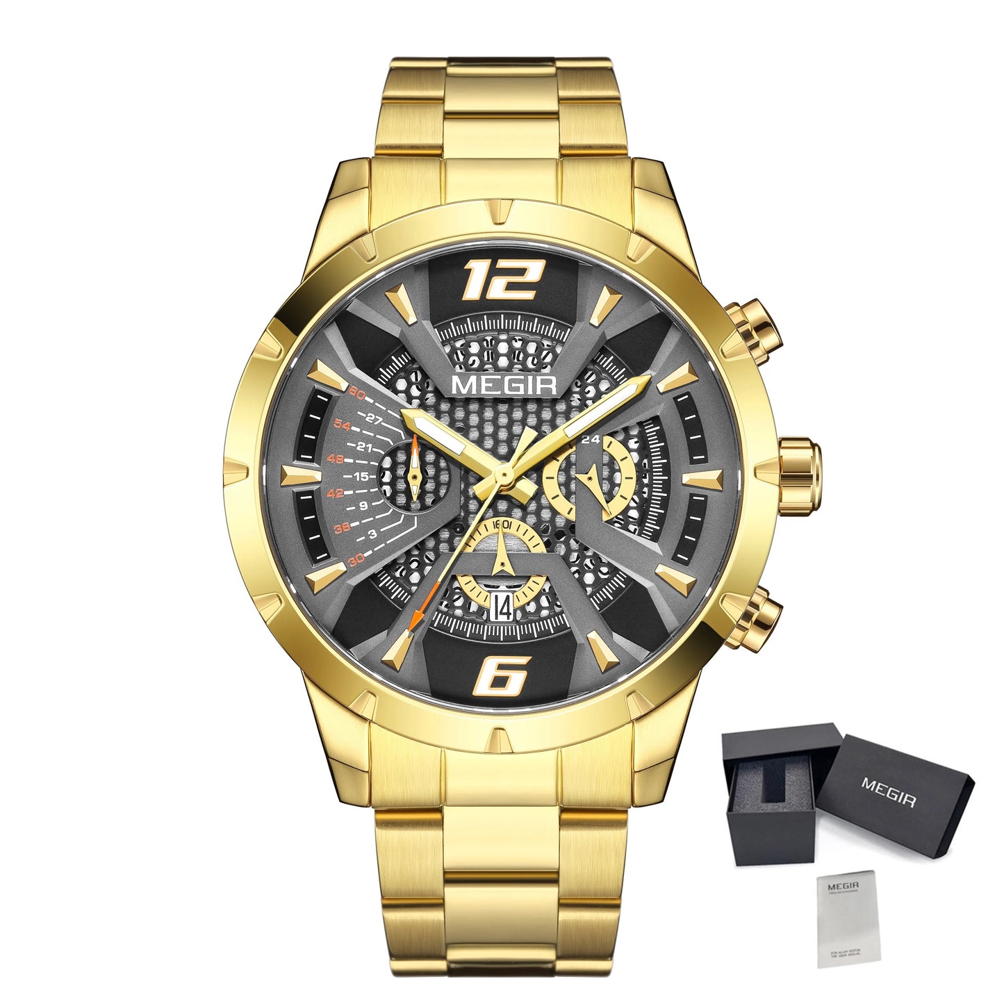 MEGIR Stainless Steel Bracelet Watch for Men Luxury Business Casual Quartz Wristwatch Date Clock Chronograph Big Dial Reloj Hombre 2221-18