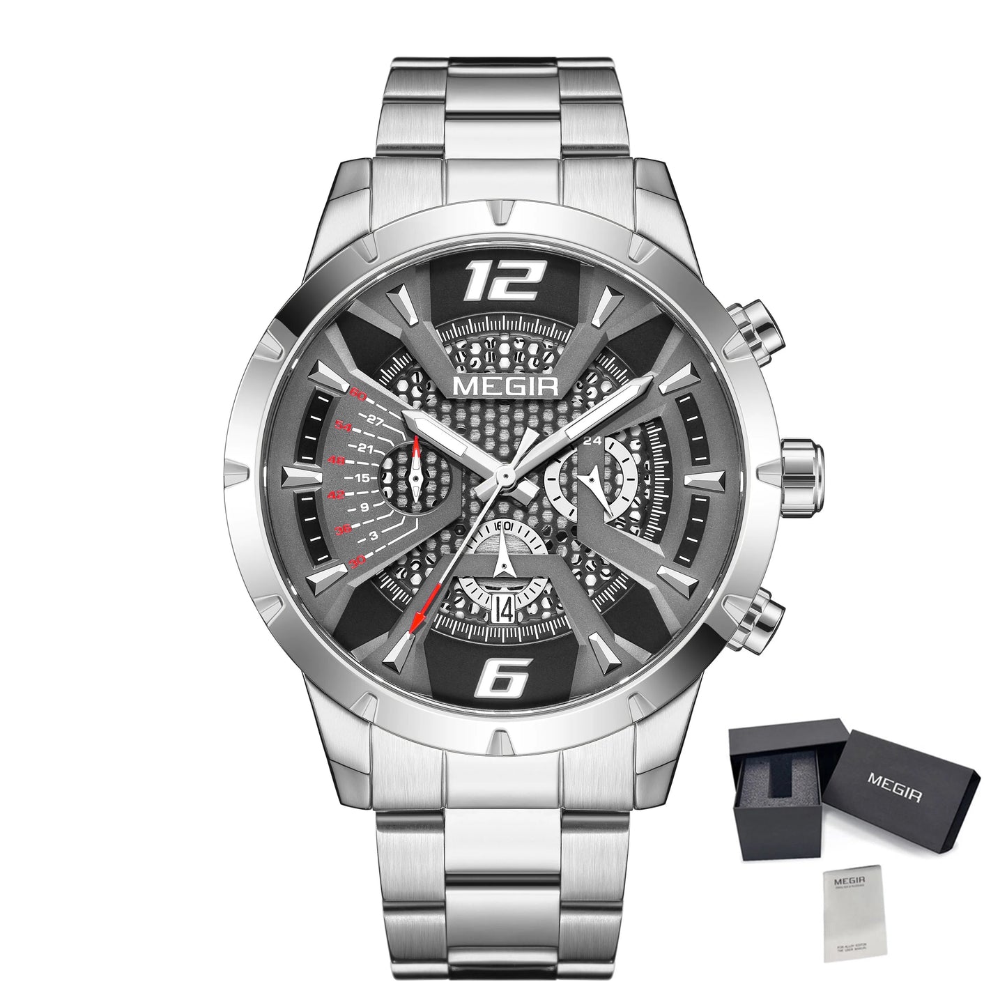 MEGIR Stainless Steel Bracelet Watch for Men Luxury Business Casual Quartz Wristwatch Date Clock Chronograph Big Dial Reloj Hombre 2221-19