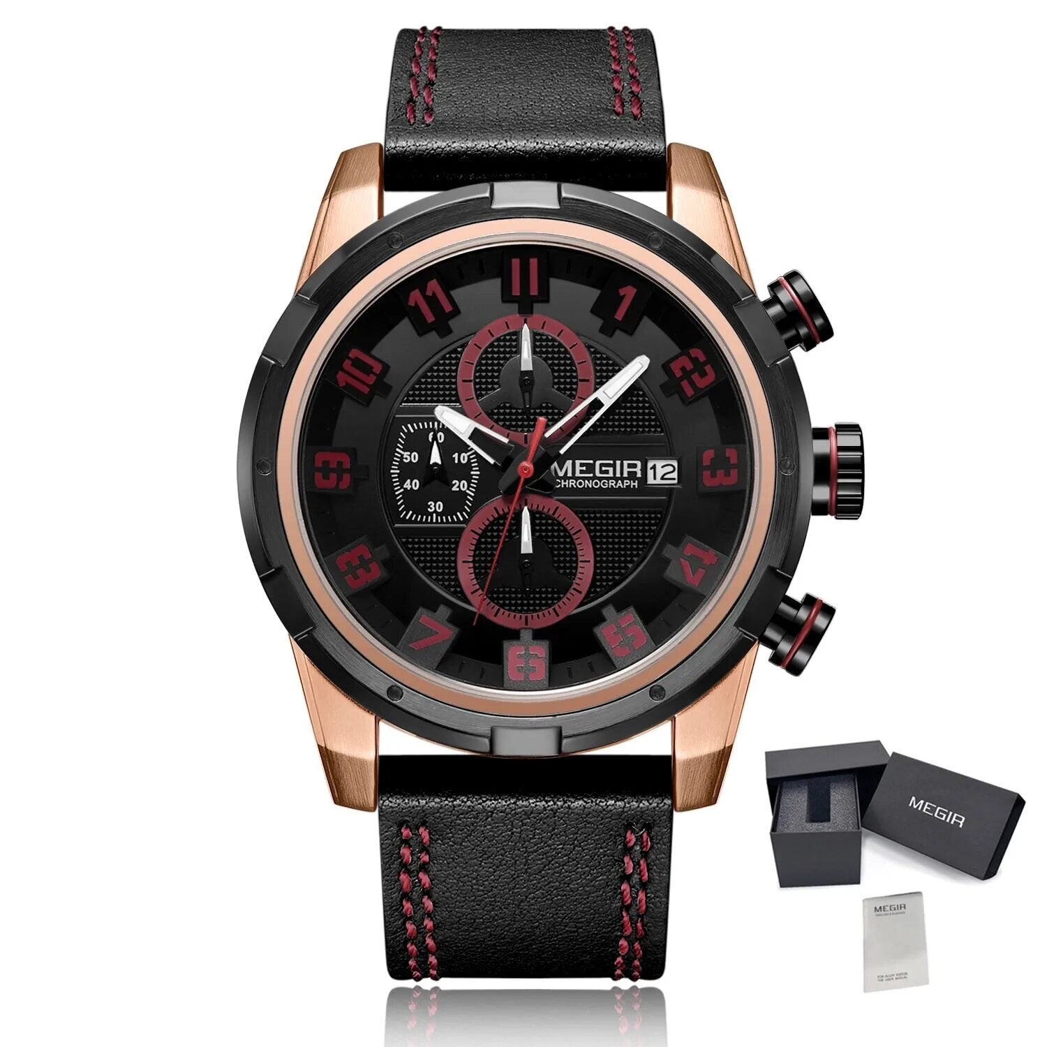 MEGIR Sport Watch for Men Leather Strap Quartz Military Wristwatch with Chronograph Waterproof Calendar Clock Reloj Hombre 2082-10