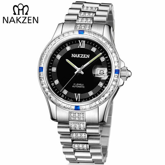 NAKZEN Men Japan NH35 Movement Automatic Mechanical Watch Elegant Diamond Stainless Steel Bracelet Watches Relogio Masculino 6013-0