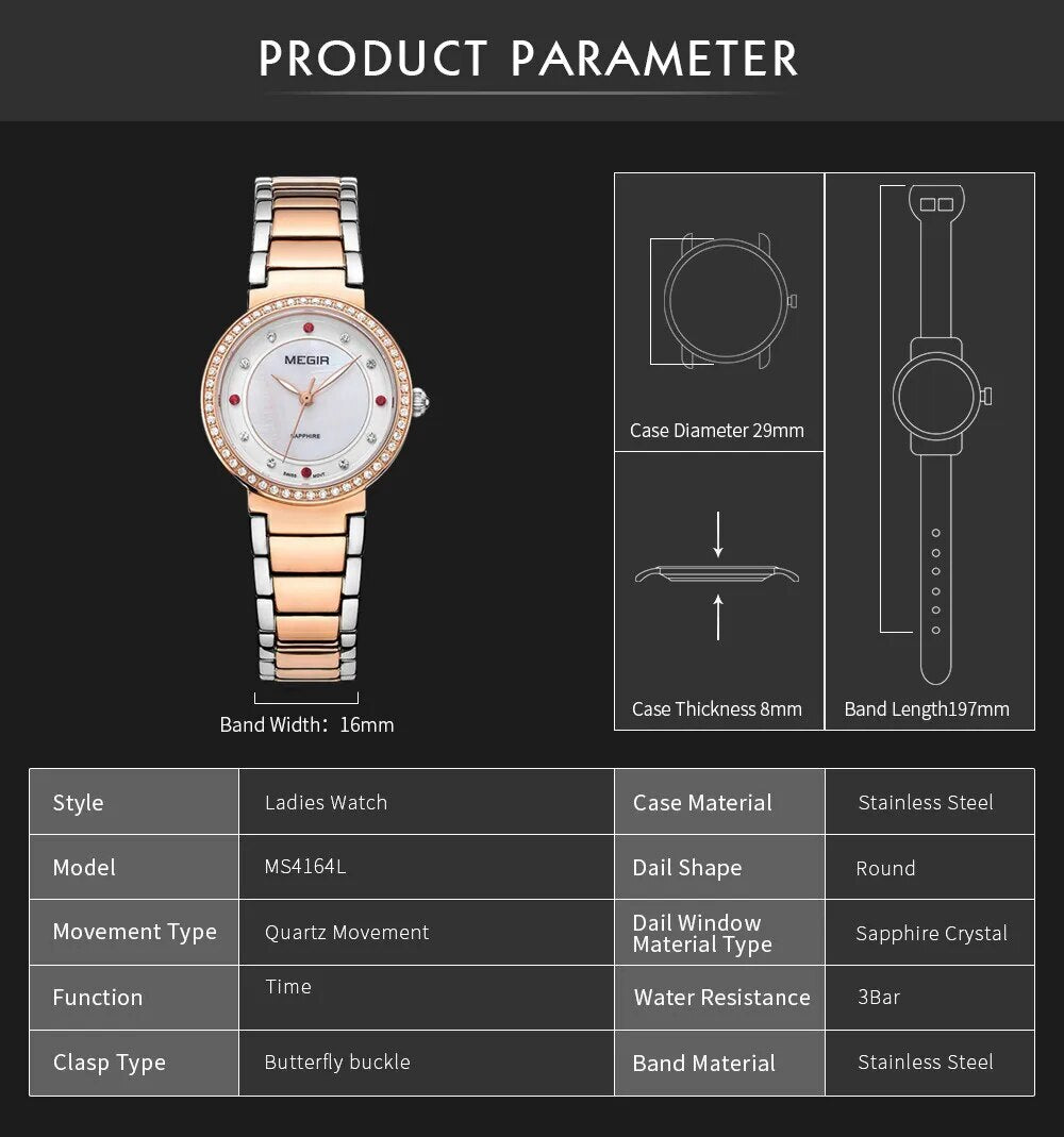 MEGIR Fashion Stainless Steel Women Bracelet Quartz Watches Elegant Business Ladies Clock Female Sport Wristwatch Reloj Mujer 4164-4