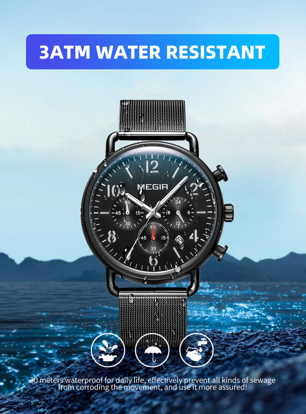 MEGIR Fashion Mens Watches Luxury Sport Quartz Wrist Watch Steel Mesh Business Casual Watches Calendar Leather Band Man Clock 2158