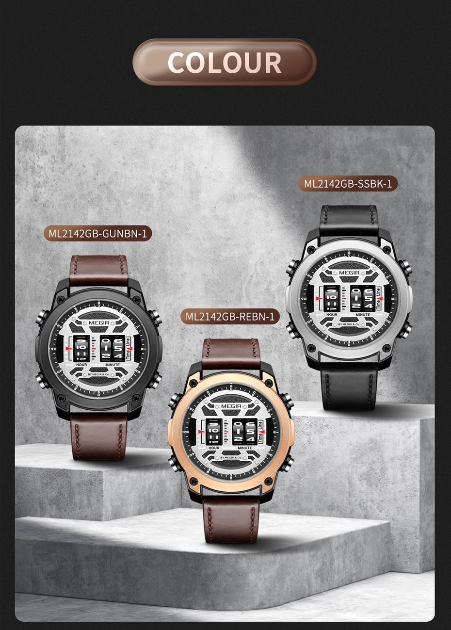 MEGIR Men's Watch Roller Business Casual Wristwatch Leather Fashion Sports Quartz Watch Chronograph Waterproof Male Clock 2142-6