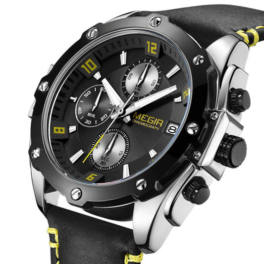 MEGIR Chronograph Men Business Watch Leather Strap Quartz Military Watch Clock Waterproof Date Clock Wristwatch Relogio Masculino 2074-10