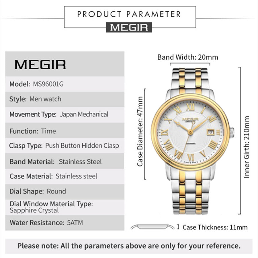 MEGIR Automatic Mechanical Watch Men Stainless Steel Watches Top Brand Luxury Business Wristwatch Male Clock Relogio Masculino 96001-8