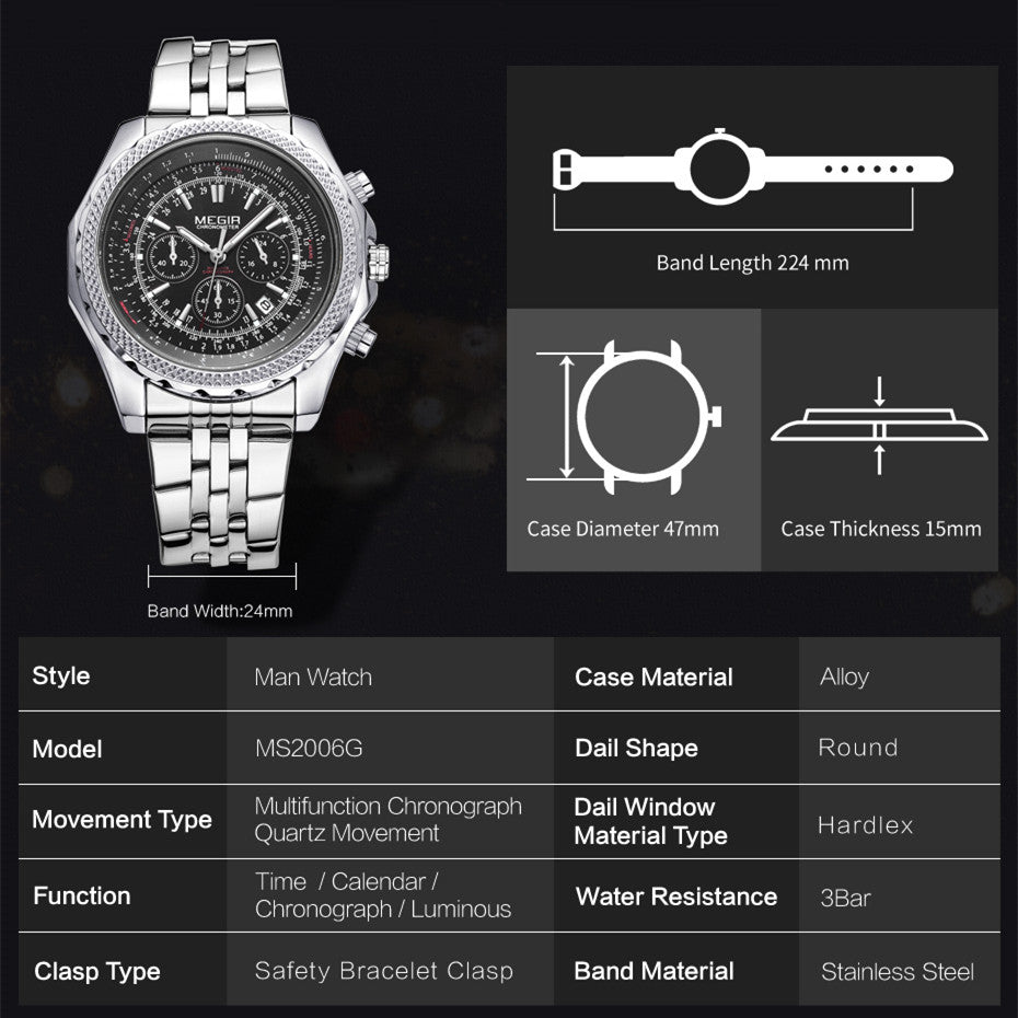 MEGIR Fashion Business Men's Watch Stainless Steel Quartz Wristwatch Calendar Big Dial Man Military Sports Chronograph Clock 2006-4