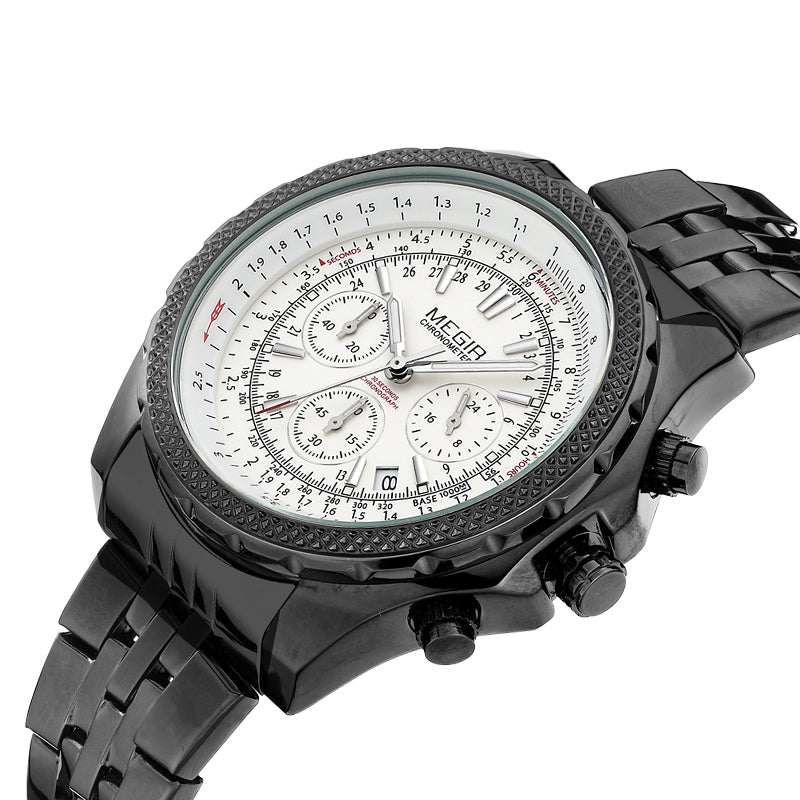 MEGIR Fashion Business Men's Watch Stainless Steel Quartz Wristwatch Calendar Big Dial Man Military Sports Chronograph Clock 2006-5