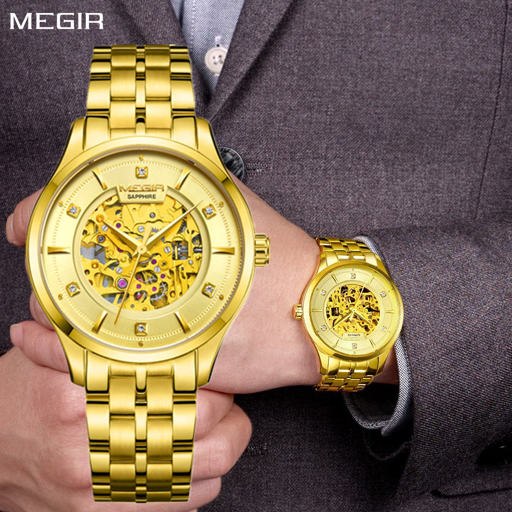 MEGIR Luxury Men Watches Waterproof Automatic Mechanical Watch Stainless Steel Sapphire Gold Business WristWatch Reloj Hombre 62058-0