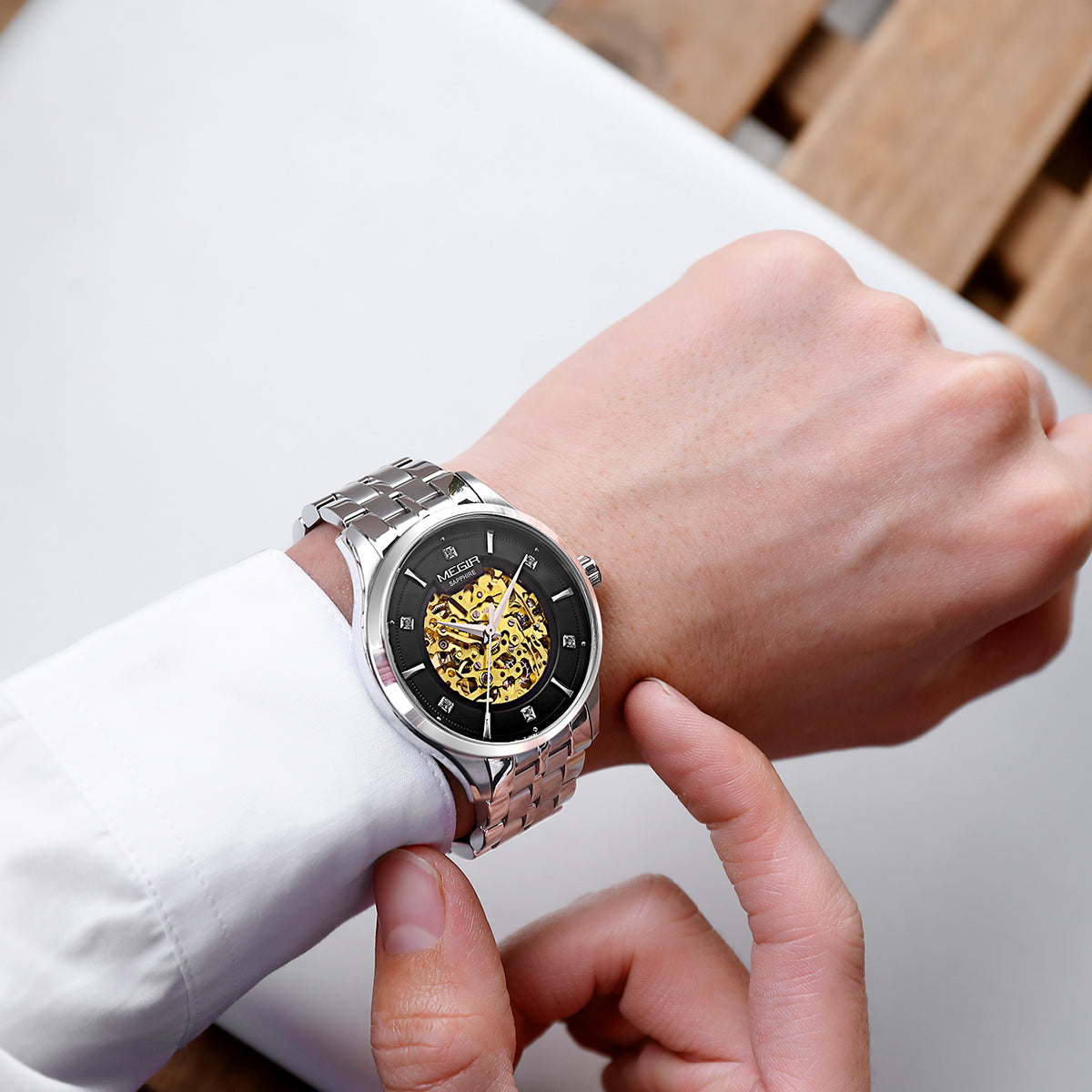 MEGIR Luxury Men Watches Waterproof Automatic Mechanical Watch Stainless Steel Sapphire Gold Business WristWatch Reloj Hombre 62058-4