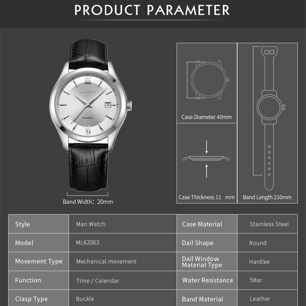 MEGIR Original Brand Men's Watches Automatic Mechanical Watch 5Bar Waterproof Leather Luxury Wristwatch Clock Relogio Masculino 62063-4