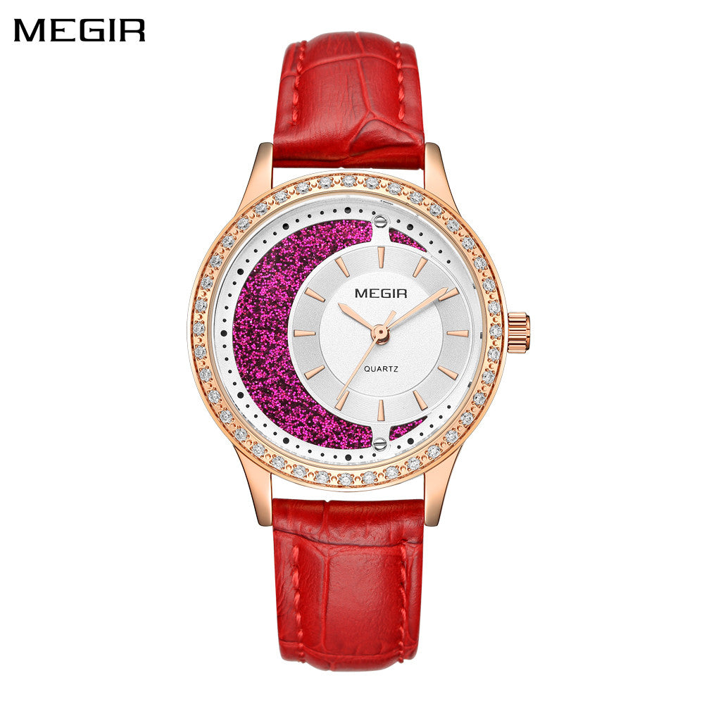 MEGIR Diamond Women Luxury Watch Elegant Ladies Quartz Wristwatch Female Bracelet Watches Waterproof Red Leather Dress Clock 4218-0