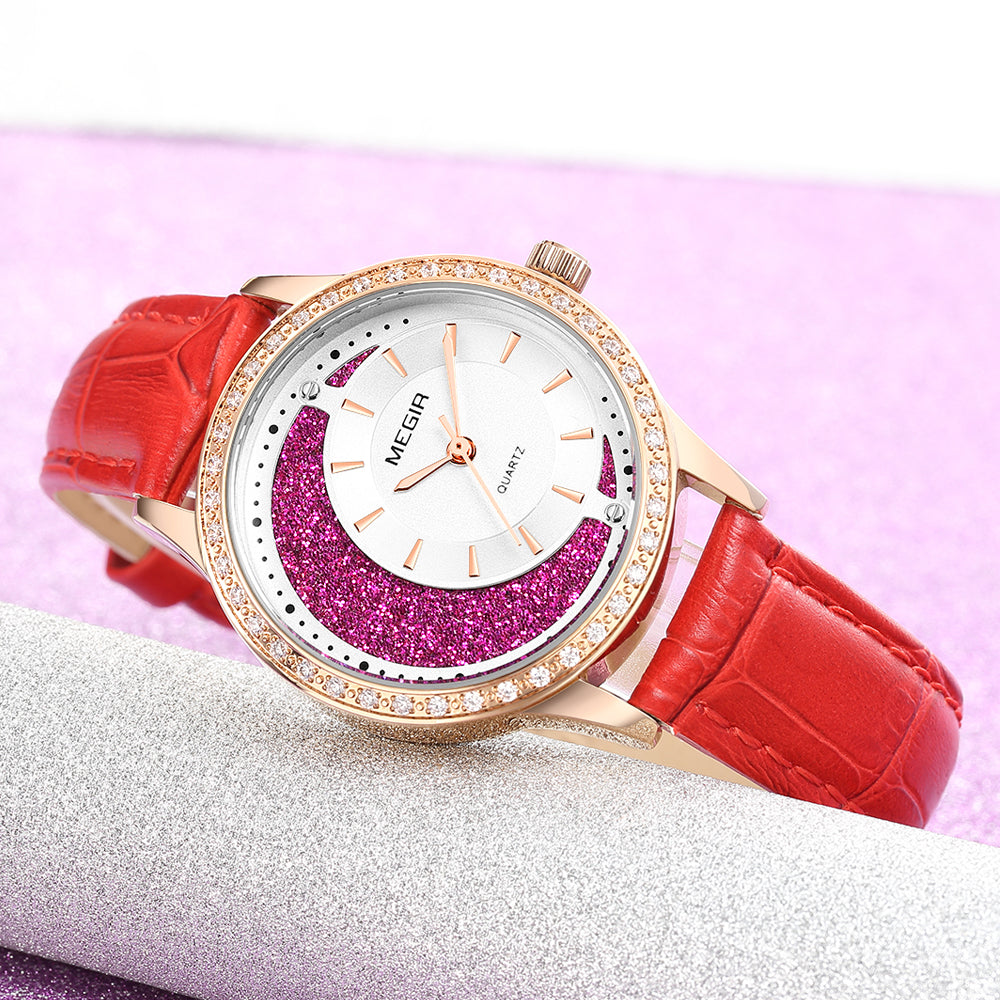 MEGIR Diamond Women Luxury Watch Elegant Ladies Quartz Wristwatch Female Bracelet Watches Waterproof Red Leather Dress Clock 4218-3