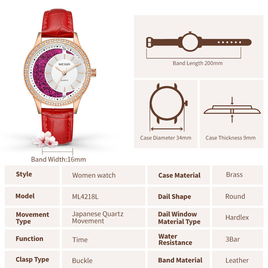 MEGIR Diamond Women Luxury Watch Elegant Ladies Quartz Wristwatch Female Bracelet Watches Waterproof Red Leather Dress Clock 4218-5