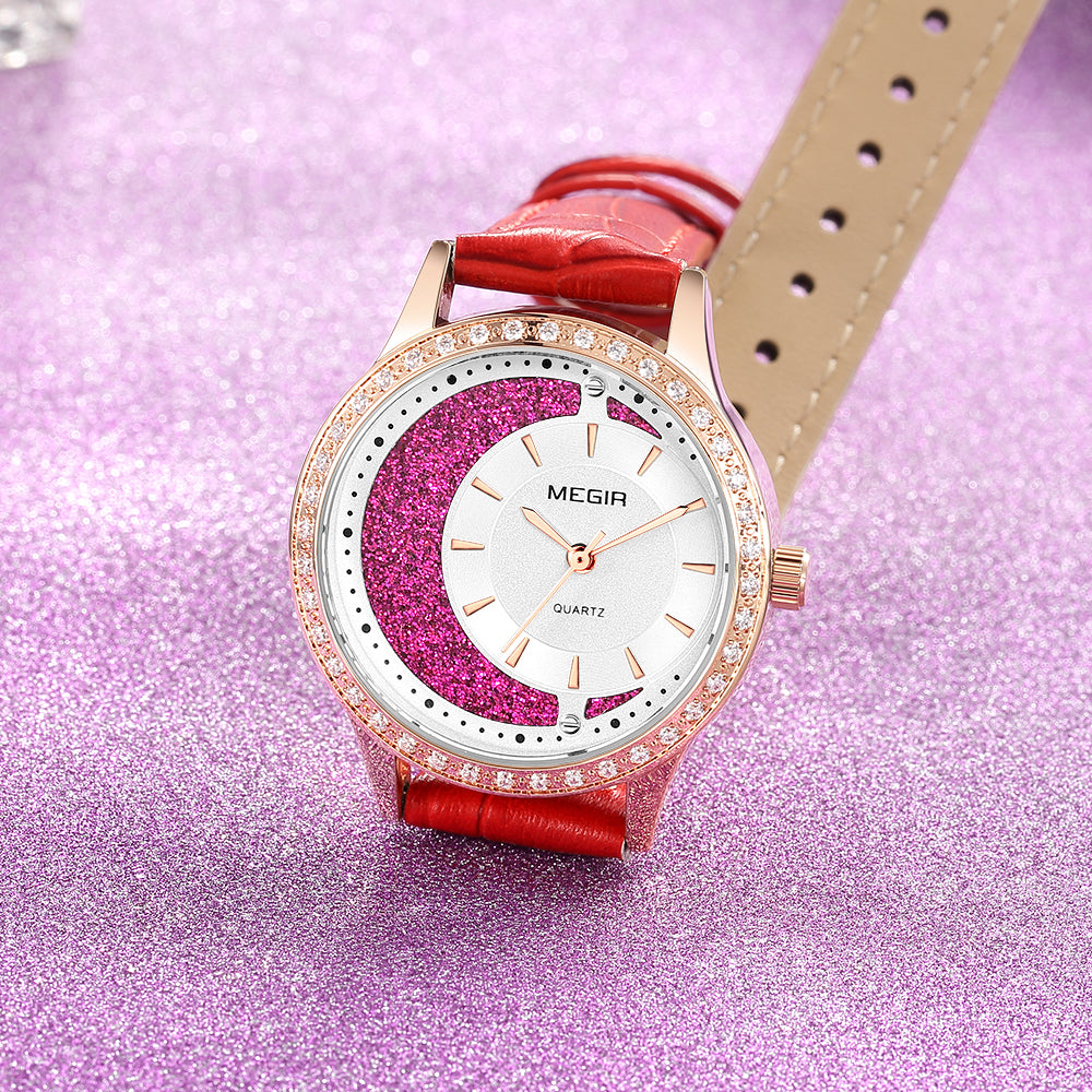 MEGIR Diamond Women Luxury Watch Elegant Ladies Quartz Wristwatch Female Bracelet Watches Waterproof Red Leather Dress Clock 4218-4