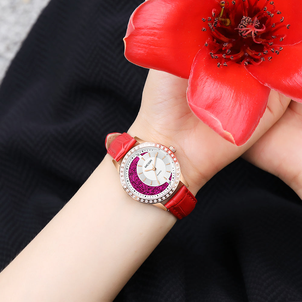 MEGIR Diamond Women Luxury Watch Elegant Ladies Quartz Wristwatch Female Bracelet Watches Waterproof Red Leather Dress Clock 4218-2