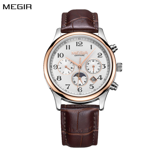 MEGIR Men Automatic Mechanical Watches Moon Phase Brown Leather Casual Business Wristwatch Sapphire Date Clock Montre Homme 62046-0