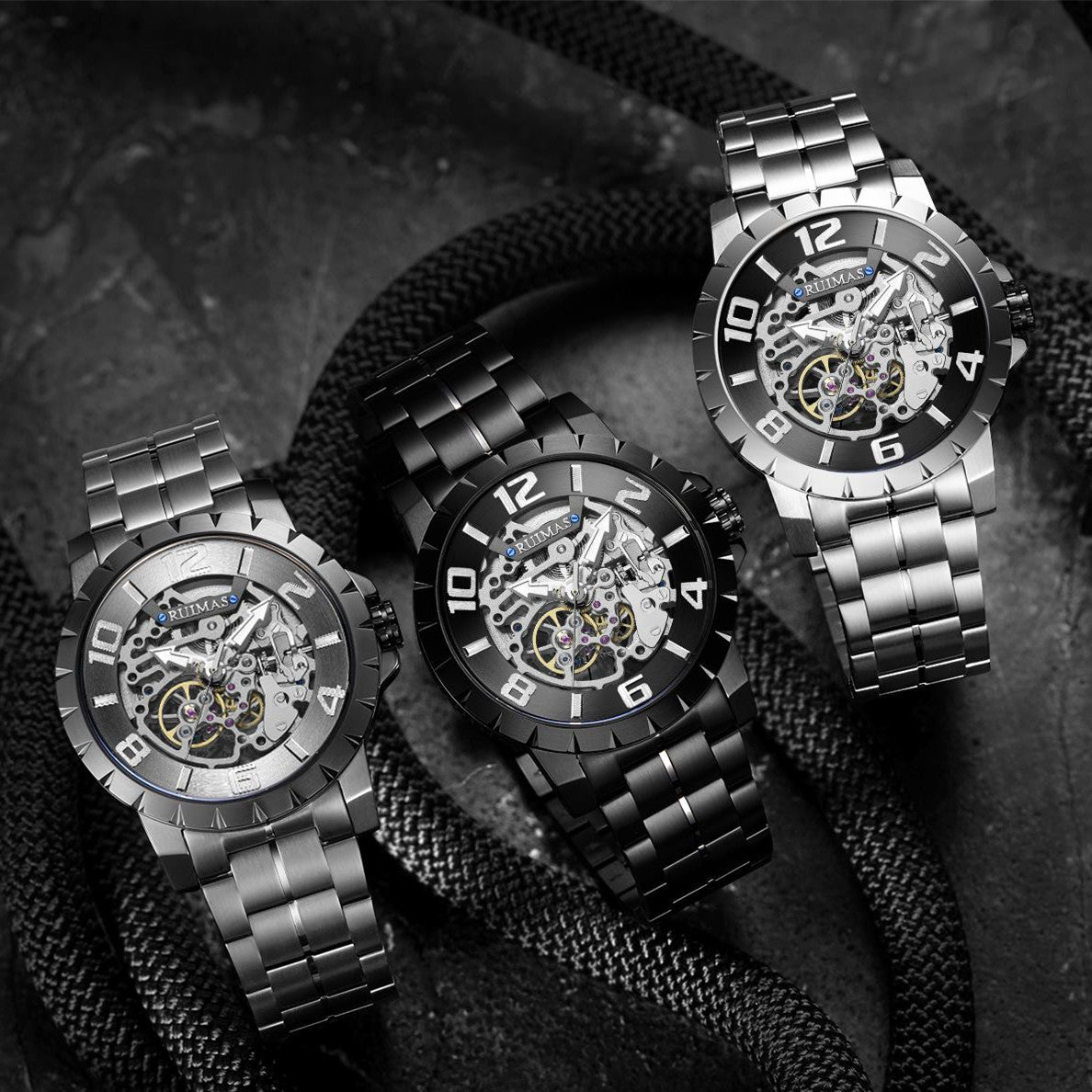 RUIMAS Men Mechanical Watch Luxury Automatic Stainless Steel Bracelet Wristwatches 5ATM Waterproof Clock Relogio Masculino 6784-4
