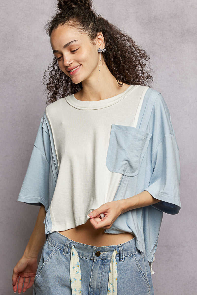 POL Color Block Patchwork Cropped T-Shirt-1