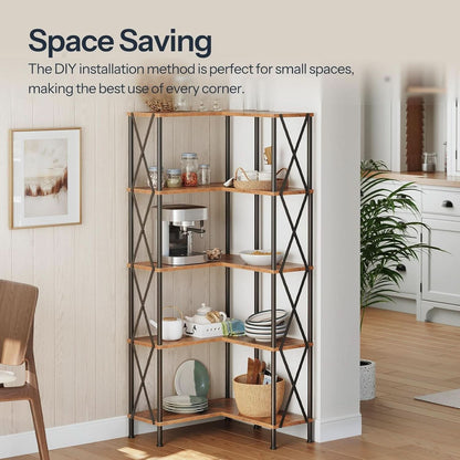 Corner Bookshelf 5-Tier L-Shaped Industrial Bookcase In Rustic Brown-1